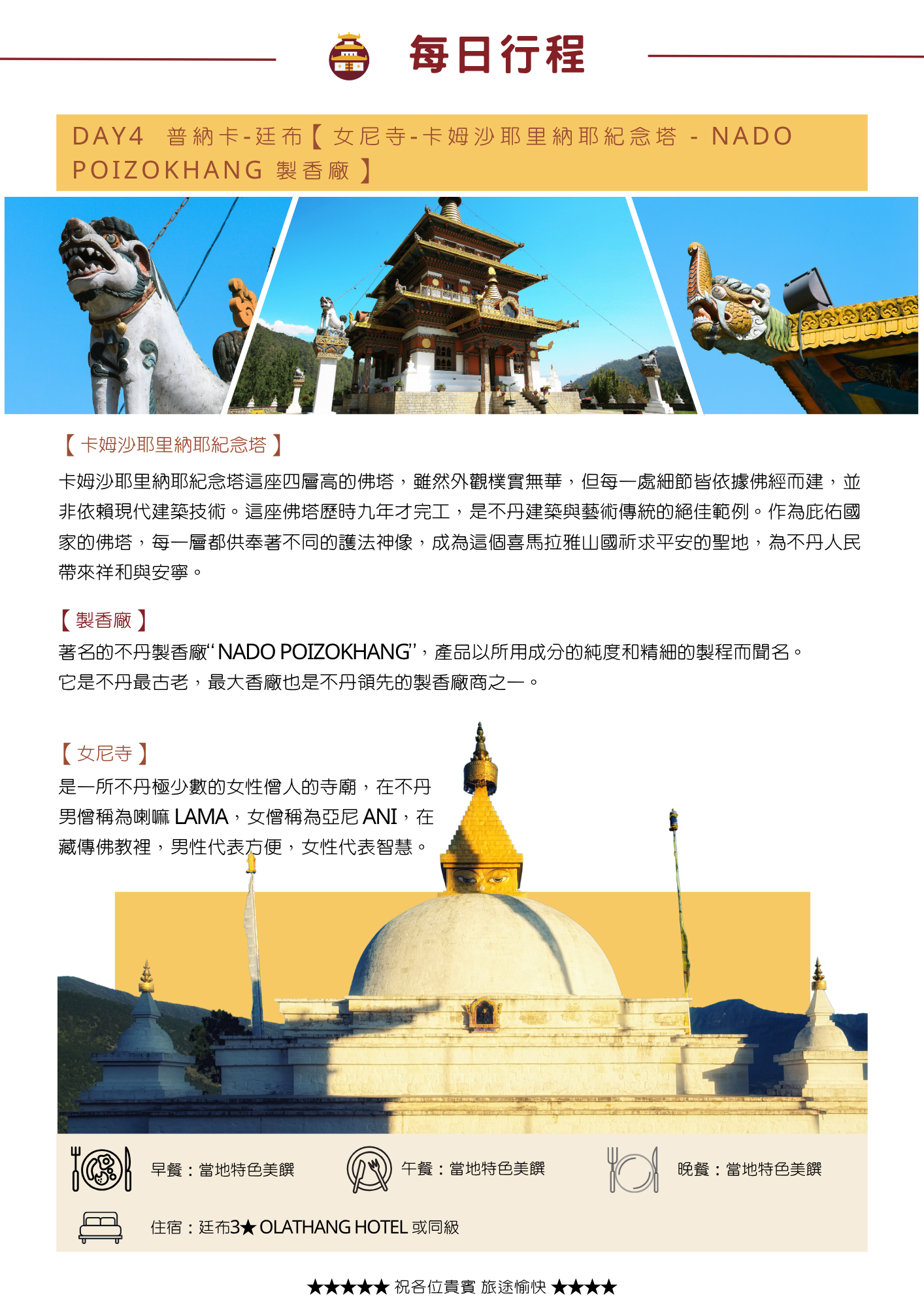 該圖片展示了不丹 8 天行程的 DAY4 行程頁面。頂部展示了「卡姆沙耶里納耶紀念塔（Khamsum Yulley Namgyal Chorten）」的特寫與四層樓高塔全貌，文字介紹其耗時九年完工、依佛經構建的絕佳建築範例。中部介紹不丹最古老且著名的「NADO POIZOKHANG 製香廠」。下半部則介紹了不丹極少數女性僧人寺廟「女尼寺（Ani Gompa）」，搭配白色穹頂佛塔圖片。最下方標註當日餐食與廷布住宿飯店。