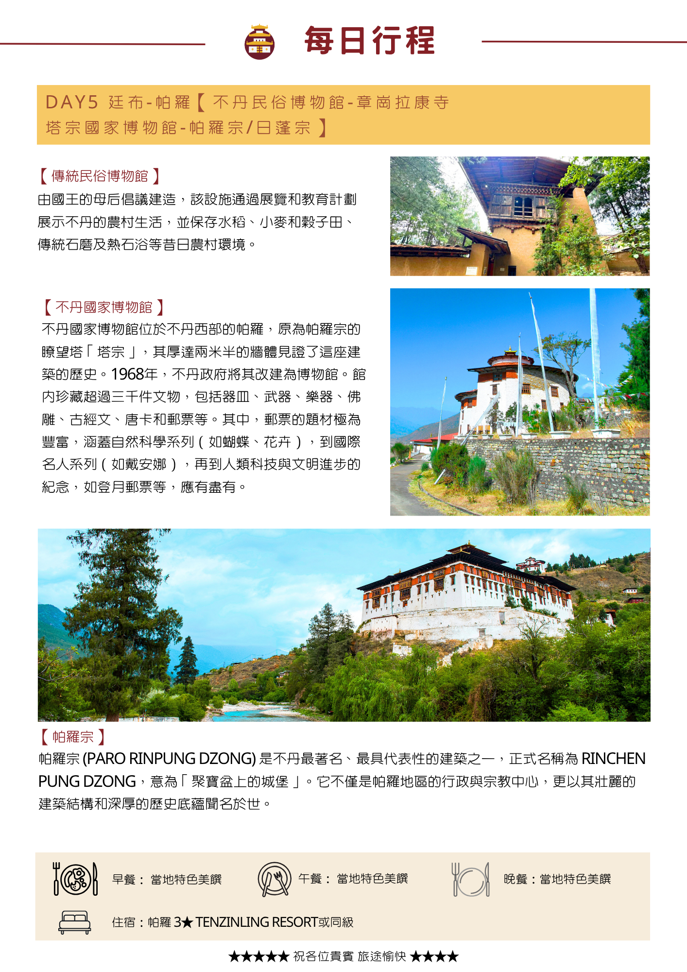 該圖片展示了不丹 8 天行程的 DAY5 行程頁面。內容介紹了三大文化景點：展示昔日農村生活的「傳統民俗博物館」、由帕羅宗瞭望塔「塔宗」改建而成且珍藏超過三千件文物（包含豐富郵票）的「不丹國家博物館」，以及橫幅大圖展示的「帕羅宗（Paro Rinpung Dzong，意為『聚寶盆上的城堡』）」。最下方載明當日餐食與帕羅住宿飯店（3★ TENZINLING RESORT 或同級）。