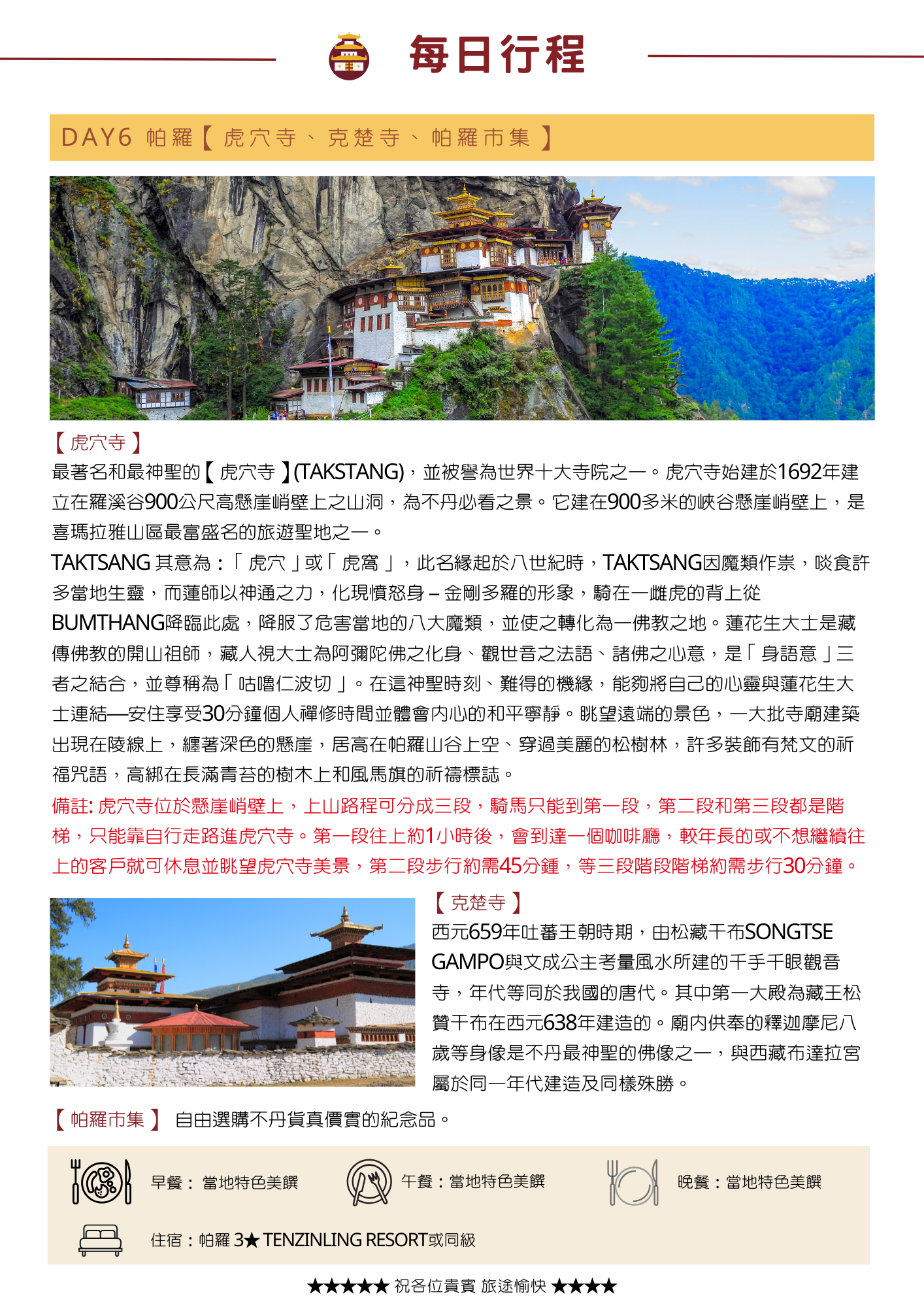 該圖片展示了不丹 8 天行程的 DAY6 行程頁面。上半部主視覺為聳立於 900 公尺懸崖峭壁上的世界十大寺院之一「虎穴寺（Taktsang）」壯麗全景，內文詳細講述蓮花生大士騎乘雌虎降服魔類的傳承歷史，並附有紅字徒步備註（上山分為三段，含騎馬與階梯步行時間說明）。下半部則介紹了西元 659 年由松贊幹布建造的「克楚寺（Kyichu Lhakhang）」與自由採購的「帕羅市集」。最下方標註當日餐食與帕羅住宿。