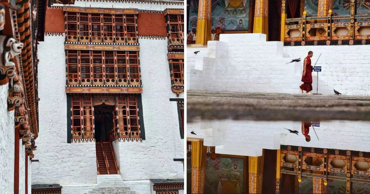 扎西確宗建築細部 Trashi Chho Dzong Detail 不丹扎西確宗建築細部,木雕彩繪窗櫺與白牆迴廊